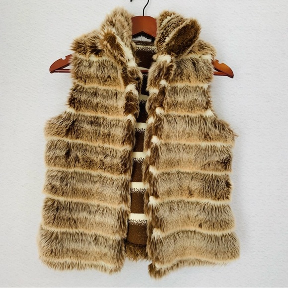 Outdoor Edition by Parkhurst Faux Fur Vest Women Medium Multi Brown Tan Striped - Picture 10 of 11